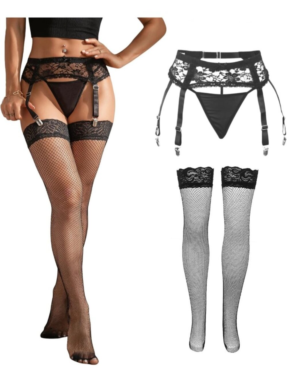 Plus Size Floral Lace Garter Belt Set with 4 Straps - Sexy Lingerie for Women